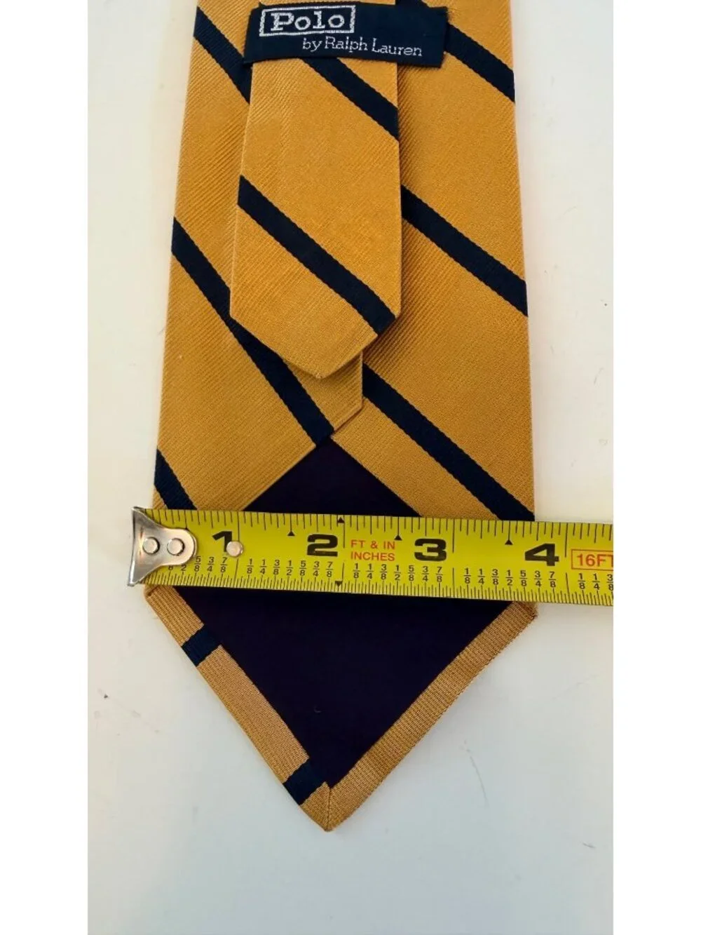 Polo By Ralph Lauren Gold & Navy Blue Striped 100% Silk Handmade Tie Made In USA